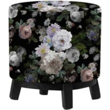 Adawall Siyah Çiçek Ahşap Ayaklı Puf