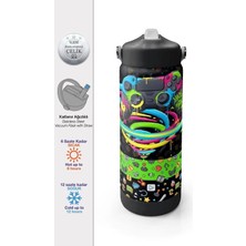 Coral High Coral Hıgh 38340 Kıds Siyah Gamer Desenli Katlanır Ağızlı Pipetli Çelik Termos 650ML