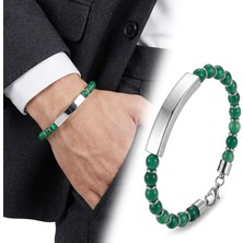 Fm 💎 Premium Yeşil Akik Beyaz İsim Yazılabilir Ve Çelik Zincir Bileklik 31832B29D12  -  23 cm