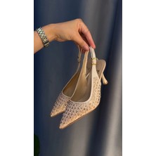 Akça Shoes Krem Saten Taşlı Topuklu