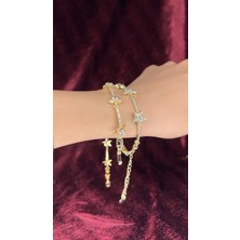 Yıldız Taş Detaylı Gold Çelik Bileklik