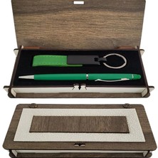 Marsilyan Ahşap Kutulu Yeşil Anahtarlık ve Kalem Set