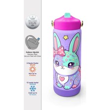 Coral High Coral Hıgh 38337 Kıds Milka Su Yeşili Tavşan Desenli Katlanır Ağızlı Pipetli Çelik Termos 650ML