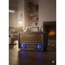 Telkur M-1918BT Nostaljik Radyo Görünümlü LED Işıklı Bluetooth,hafıza Kartı,usb Bellek,aux ve Radyo Destekli Hoparlör Gold