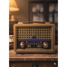 Telkur M-2013BT Nostaljik Radyo Görünümlü LED Işıklı Bluetooth,hafıza Kartı,usb Bellek,aux ve Radyo Destekli Hoparlör Kahverengi
