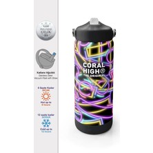 Coral High Coral Hıgh 38330 Kıds Siyah Renkli Neon Desenli Katlanır Ağızlı Pipetli Çelik Termos 650ML