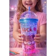 Hediye Filesi Bear Suluk Pipetli Buzlu Cam Görünümlü LED Işıklı 450 ml Çift Katman Mika 2093 Mavi