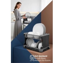 Marsilyan 2 Katlı Rattan Dokulu Lüks Bulaşıklık - Kirli Beyaz & Siyah Modern Düzenleyici