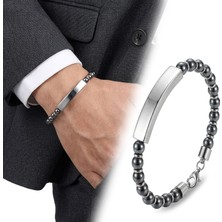 Fm 💎 Premium Hematit Beyaz İsim Yazılabilir Ve Çelik Zincir Bileklik 31832B29D9  -  23 cm