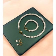 Taşmir Sertifikalı 8-9 mm Gerçek Doğal Inci Kolye Bileklik Küpe Set - 14 K Altın Kaplama Aparatlar