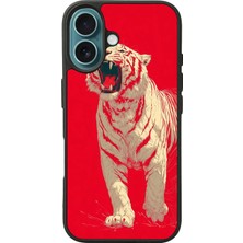 iPhone 16 Plus Uyumlu Kirmizi ve Kaplan Tasarımlı Glossy Premium Kılıf