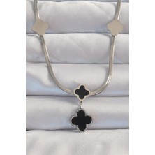 Bazarhane 316L Çelik Gümüş Renk Italyan Zincirli Mineli Yonca Kolye