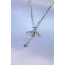 Bazarhane 316L Çelik Gümüş Renk Kanatlı Kalp Figür Zirkon Taş Detay Kadın Kolye