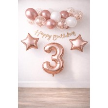 Patladı Gitti Rose Gold Konsept 3 Yaş Doğum Günü Kutlama Seti; Beyaz Gold Konfetili Balon, Rakam Yıldız Folyo ve Banner