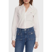 Tommy Hilfiger Logolu Pamuk Karışımlı Regular Fit Uzun Kollu Gömlek Bayan Gömlek WW0WW47169 Ycf