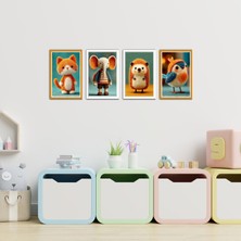 TASARIM ŞEYLER 4 Parça Hayvan Figürlü Çocuk ve Bebek Odası Mdf Tablo Seti - Kuş, Kirpi, Kedi, Fil