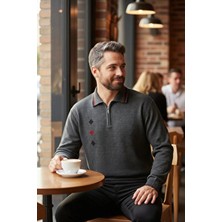 Kamalı Erkek Gri Tüylenme Yapmayan Standart Fit Normal Kesim Nakış Desen Polo Yaka Triko Kazak