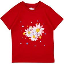 Bubuga Kız Çocuk %100 Pamuk Kırmızı Hello Papatya Baskılı Kısa Kol Tshirt