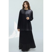 Ece Giyim Kadın Bluz Önü Taş Detaylı Etek Ucu Bantlı Bisiklet Yaka Etek Beli Lastikli Pliseli Ikili Takım