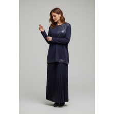 Ece Giyim Kadın Bluz Önü Taş Detaylı Etek Ucu Bantlı Bisiklet Yaka Etek Beli Lastikli Pliseli Ikili Takım