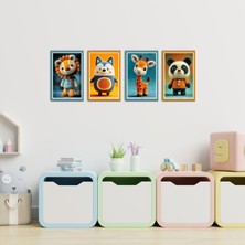TASARIM ŞEYLER 4 Parça Hayvan Figürlü Çocuk ve Bebek Odası Mdf Tablo Seti - Zürafa, Panda, Aslan, Kurt