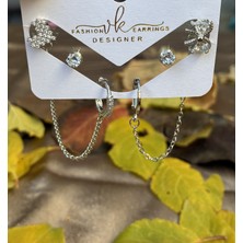 IRONMOON 6'lı Zirkon Taşlı Kalp ve Kurdele Detaylı Zincir Sallanan Küpe