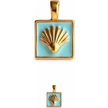 Turkuaz Mine Deniz Kabuğu Figürlü Kare Kolye Ucu