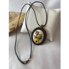 Hediyem Evime Kedili Çiçekli Çini Kolye Siyah Deri Ipli