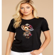 ÇARŞI47 Kadın Tişört Yuvarlak Yaka Ayıcık Baskılı 3D Baskı Kalitesi ile