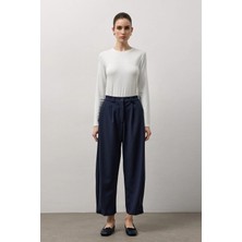 Molene Lacivert Pile Detaylı Rahat Kesim Duble Paça Pantolon