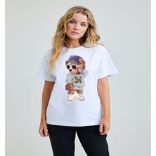 ÇARŞI47 Kadın Tişört Yuvarlak Yaka Ayıcık Baskılı T-Shirt