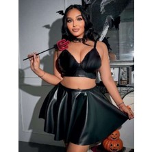 Bleu Petite Gold Büyük Beden Suni Deri Şık Gece Etekli Takım