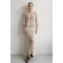 BRTC Design Kadın Bej Full Dantel Işlemeli Bluz Etek Takım