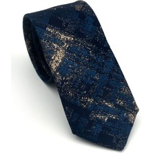 Gaffy Bej Desenli Petrol Mavi Dokuma Kumaş Mendilli Slim Fit Kravat // SDK-2608-5