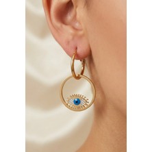 Lykos Çelik Gold Renk Zirkon Taşlı Mavi Göz Tasarımlı Halka Küpe