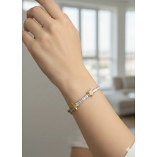 Biju Yılmaz Çelik Silver Baget Taşlı Gold Yıldızlı Su Yolu Bileklik - 26SLB54