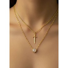 Biju Yılmaz Çelik Gold Beyaz Ikili Kalp Kılıç Kolye 25-CLKK152