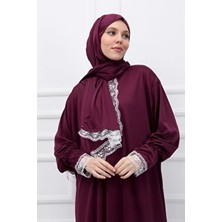 Defka Kendinden Başörtülü Şık Dantelli Kadın Tesettür Namaz Elbisesi