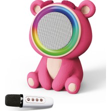 Avcı Teknoloji Market Pembe Ayıcık Figürlü Mini Karaoke Hoparlör Mikrofonlu Taşınabilir Kablosuz Ses Sistemi LED Işıkl