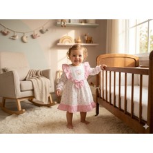 Bubiee Baby Kız Bebek Ayıcık ve Kalp Nakışlı Fırfırlı ve Kurdeleli Gofret Desenli Şık Elbise