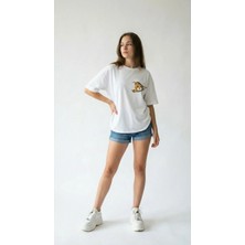 Hoxie kadın Oversize Düz Renk ayıcık Dijital Baskılı Bisiklet Yaka Basic Tişört