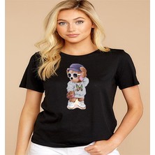 ÇARŞI47 Kadın Tişört Yuvarlak Yaka Ayıcık Baskılı T-Shirt