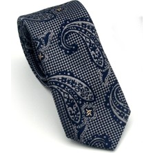 Gaffy Gri Şal Desenli Lacivert Dokuma Kumaş Mendilli Slim Fit Kravat // SDK-2606-3