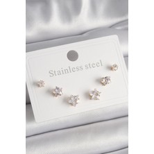 Bazarhane 316L Çelik Gold Renk Zirkon Taşlı Yıldız Model Kadın Küpe Seti