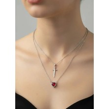 Biju Yılmaz Çelik Silver Ikili Kırmızı Kalp Kılıç Kolye - 25-CLKK109