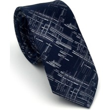 Gaffy Gri Kırcıl Desenli Lacivert Dokuma Kumaş Mendilli Slim Fit Kravat // SDK-2611-2