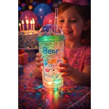 Biton Toptan Bear Suluk Pipetli Buzlu Cam Görünümlü LED Işıklı 450 ml Çift Katman Mika 2093 Yeşil