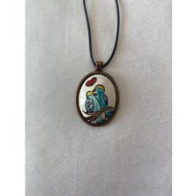 Hediyem Evime Kuş Temalı Kalpli Çini Kolye Siyah Deri Ipli