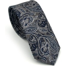 Gaffy Lacivert Şal Desenli Gri Dokuma Kumaş Mendilli Slim Fit Kravat // SDK-2607-3