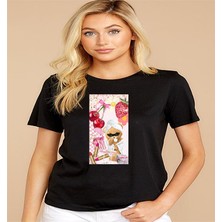 ÇARŞI47 Kadın Tişört Yuvarlak Yaka Ayıcık Baskılı T-Shirt 3D Baskı Kalitesi